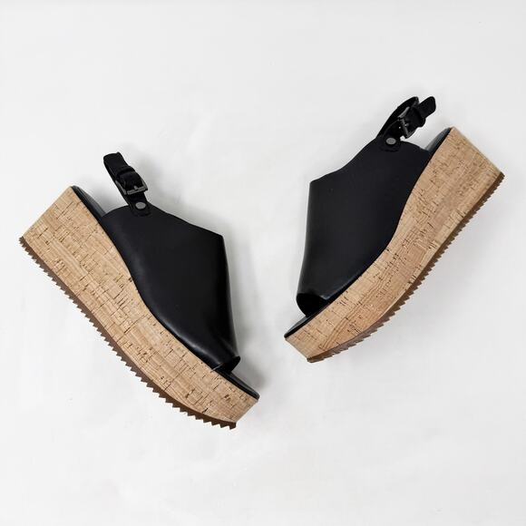 [Eileen Fisher] Black Leather Open Toe Ankle Strap Wedge Flatform Sandals Size 8 - Picture 10 of 11